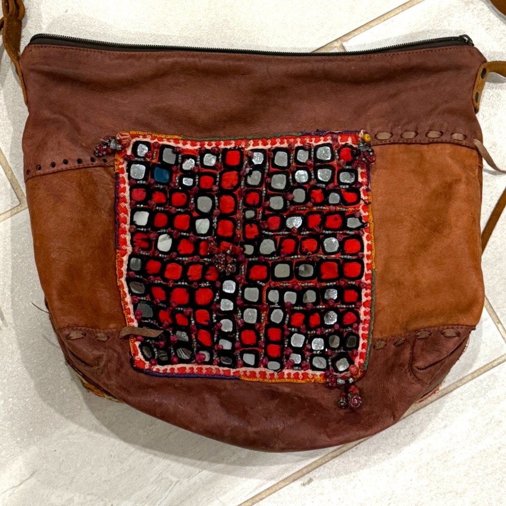 Artisanal Balinese Leather Boho Crossbody Bag Embroidery Cowrie Shells Mirror
